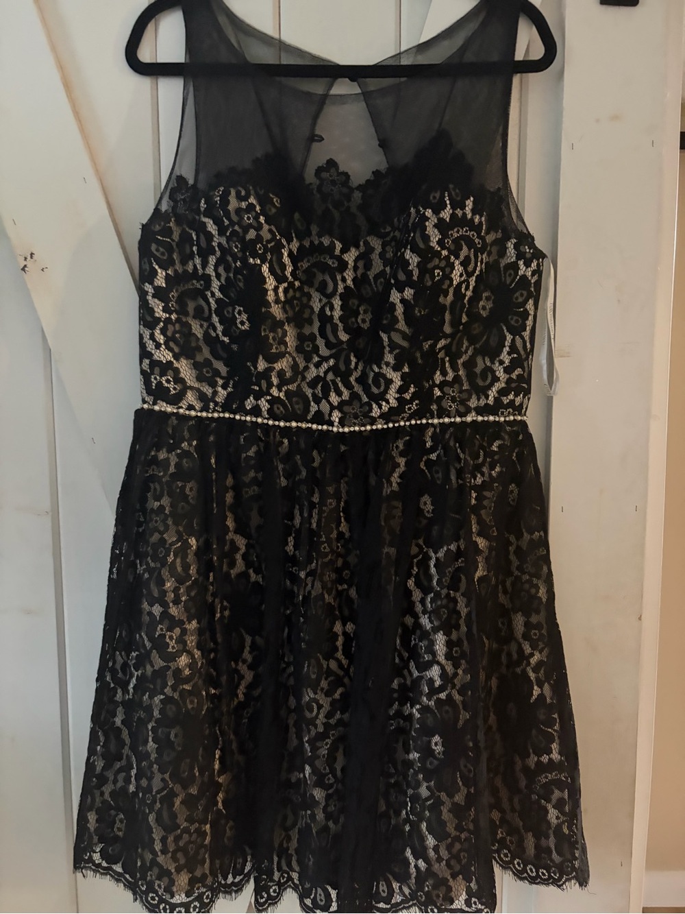 Christina Wu Black Lace Overlay Cocktail Dress with Nude Lining